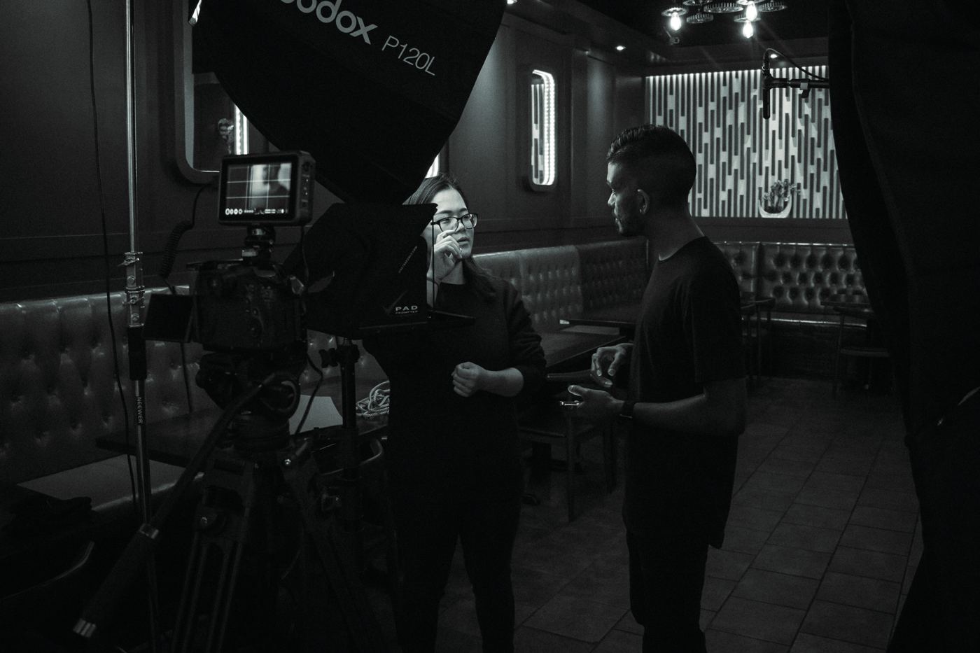 Blocking a scene on a lounge set